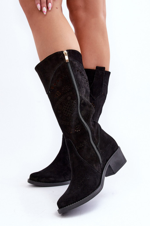 Zazoo 4043 zamšādas garie zābaki Uz Zema Papēža Ažūrs melnas krāsas Zazoo 4043 zamšādas garie zābaki Uz Zema Papēža Ažūrs melnas krāsas