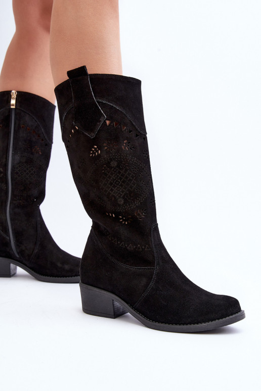 Zazoo 4043 zamšādas garie zābaki Uz Zema Papēža Ažūrs melnas krāsas Zazoo 4043 zamšādas garie zābaki Uz Zema Papēža Ažūrs melnas krāsas