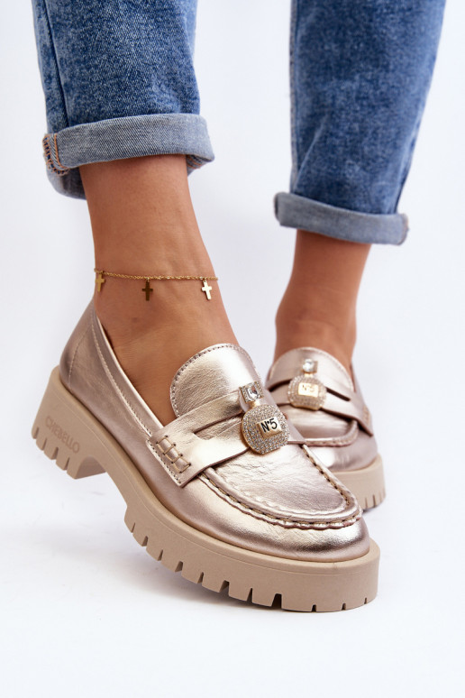 Āda apavi Mokasīni ar ornamentiem CheBello 4291 Zelta krāsas Āda apavi Mokasīni ar ornamentiem CheBello 4291 Zelta krāsas