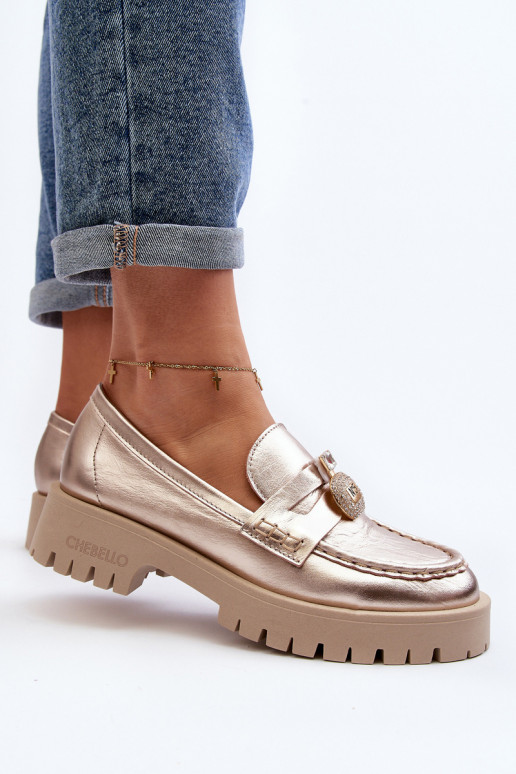 Āda apavi Mokasīni ar ornamentiem CheBello 4291 Zelta krāsas Āda apavi Mokasīni ar ornamentiem CheBello 4291 Zelta krāsas