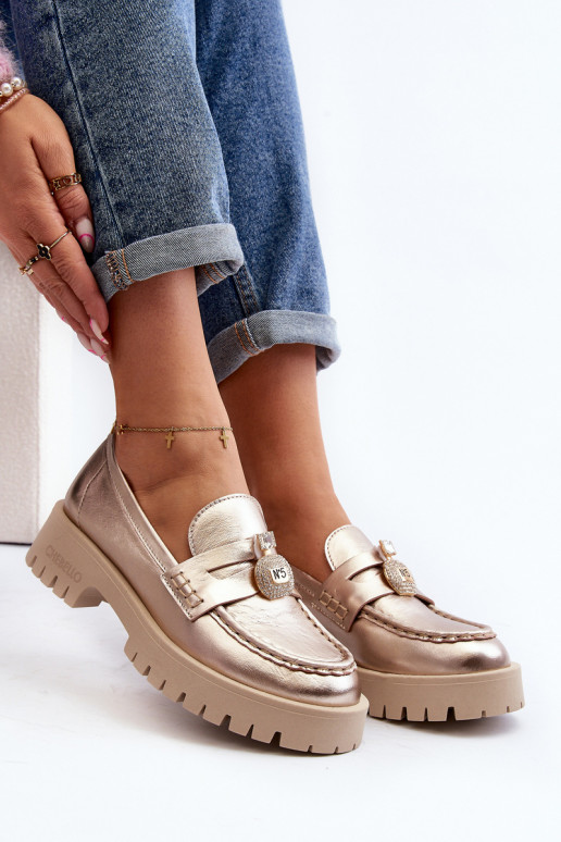 Āda apavi Mokasīni ar ornamentiem CheBello 4291 Zelta krāsas Āda apavi Mokasīni ar ornamentiem CheBello 4291 Zelta krāsas