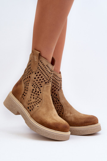 Zazoo 3470 Zamšādas kurpes Sieviešu ar platiem papēžiem Ažūrs smilšu krāsas 2