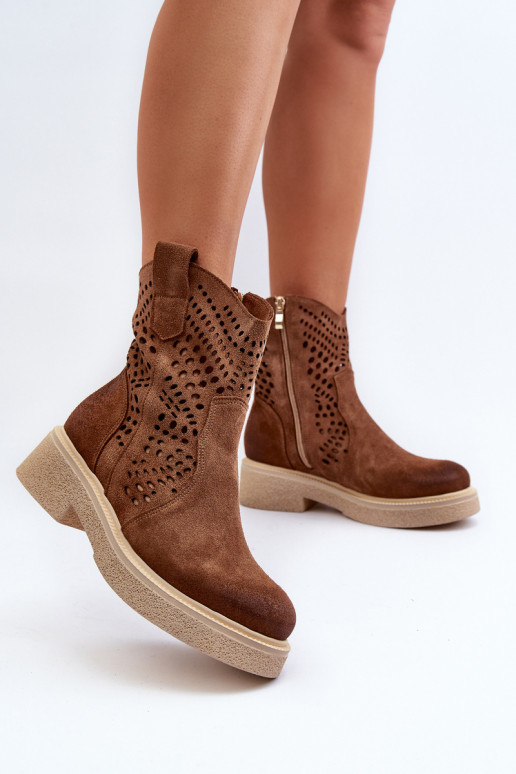 Zazoo 3470 Zamšādas kurpes Sieviešu ar platiem papēžiem Ažūrs brūnas krāsas