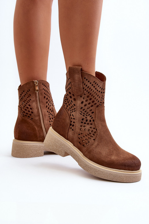 Zazoo 3470 Zamšādas kurpes Sieviešu ar platiem papēžiem Ažūrs brūnas krāsas