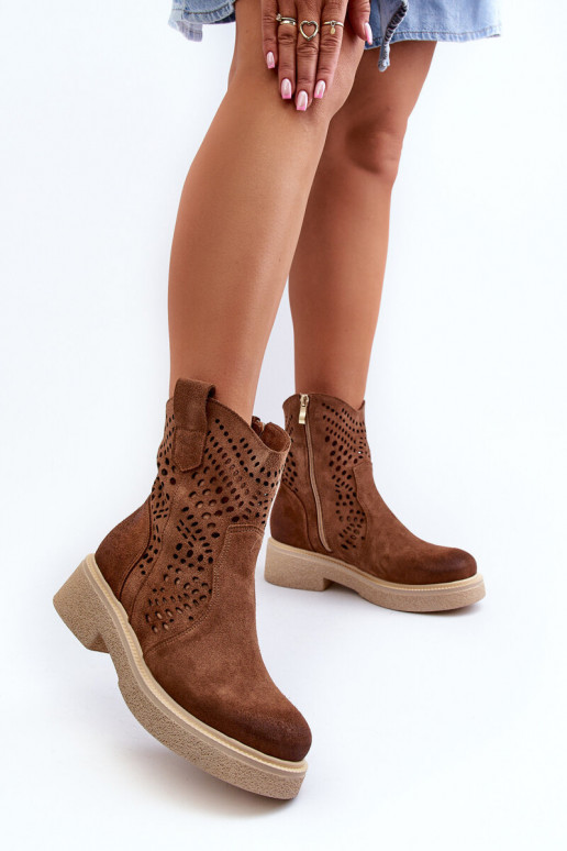 Zazoo 3470 Zamšādas kurpes Sieviešu ar platiem papēžiem Ažūrs brūnas krāsas