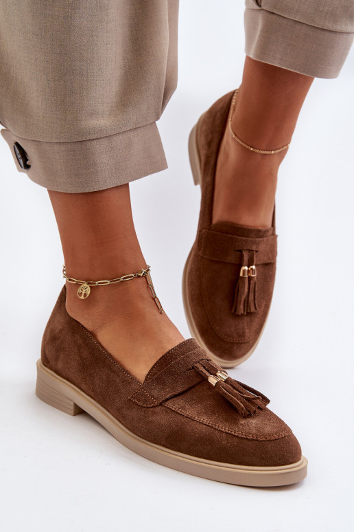 Zazoo 3420 Zamšādas mokasīni Sieviešu ar platiem papēžiem brūnas krāsas