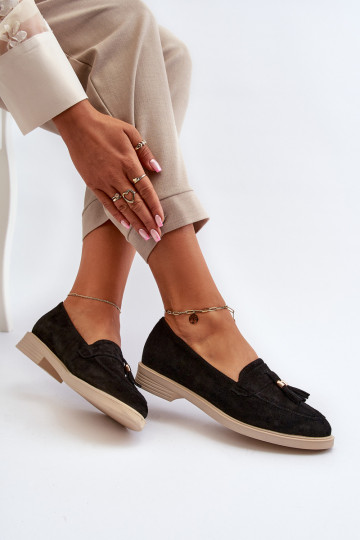 Zazoo 3420 Zamšādas mokasīni Sieviešu ar platiem papēžiem melnas krāsas 2