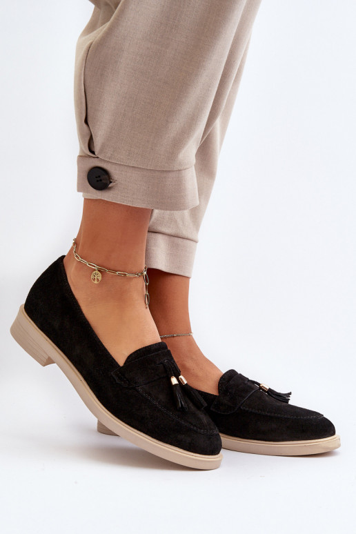 Zazoo 3420 Zamšādas mokasīni Sieviešu ar platiem papēžiem melnas krāsas Zazoo 3420 Zamšādas mokasīni Sieviešu ar platiem papēžiem melnas krāsas