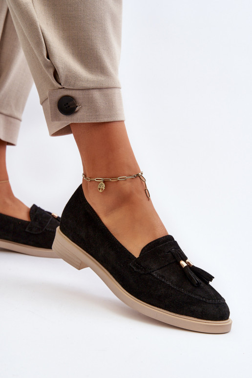 Zazoo 3420 Zamšādas mokasīni Sieviešu ar platiem papēžiem melnas krāsas Zazoo 3420 Zamšādas mokasīni Sieviešu ar platiem papēžiem melnas krāsas