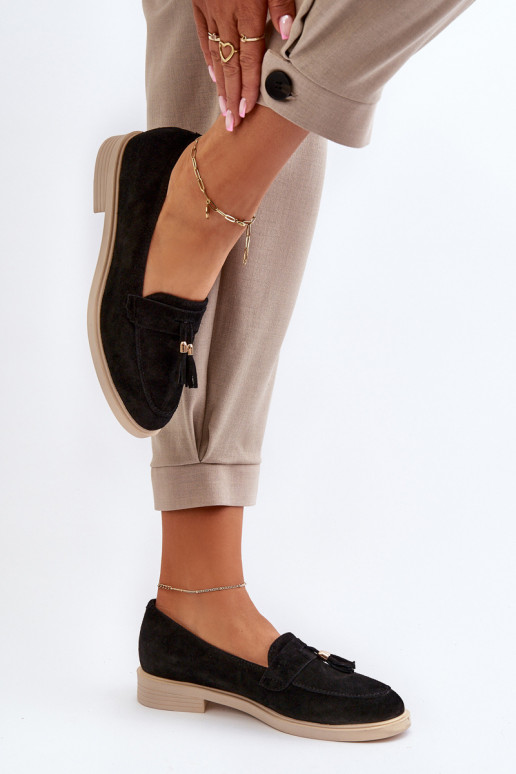 Zazoo 3420 Zamšādas mokasīni Sieviešu ar platiem papēžiem melnas krāsas Zazoo 3420 Zamšādas mokasīni Sieviešu ar platiem papēžiem melnas krāsas