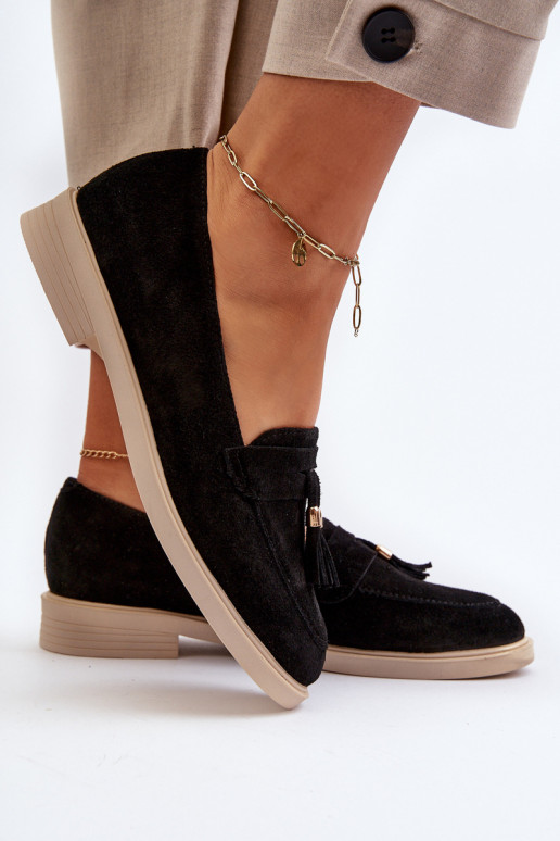 Zazoo 3420 Zamšādas mokasīni Sieviešu ar platiem papēžiem melnas krāsas Zazoo 3420 Zamšādas mokasīni Sieviešu ar platiem papēžiem melnas krāsas