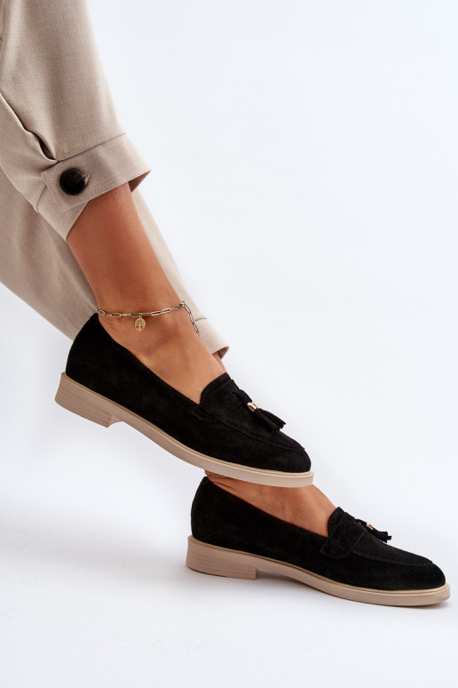 Zazoo 3420 Zamšādas mokasīni Sieviešu ar platiem papēžiem melnas krāsas Zazoo 3420 Zamšādas mokasīni Sieviešu ar platiem papēžiem melnas krāsas