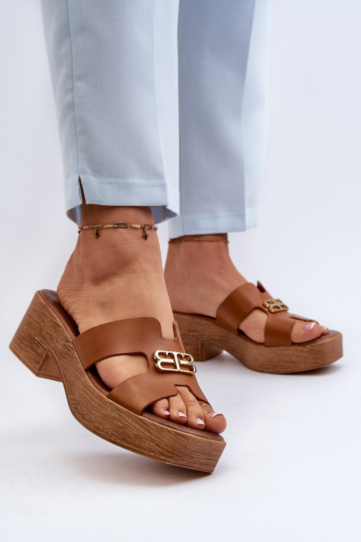 Zazoo 40412 Āda Eleganta stila sieviešu čības Ar zelta rotājumu brūnas krāsas Zazoo 40412 Āda Eleganta stila sieviešu čības Ar zelta rotājumu brūnas krāsas