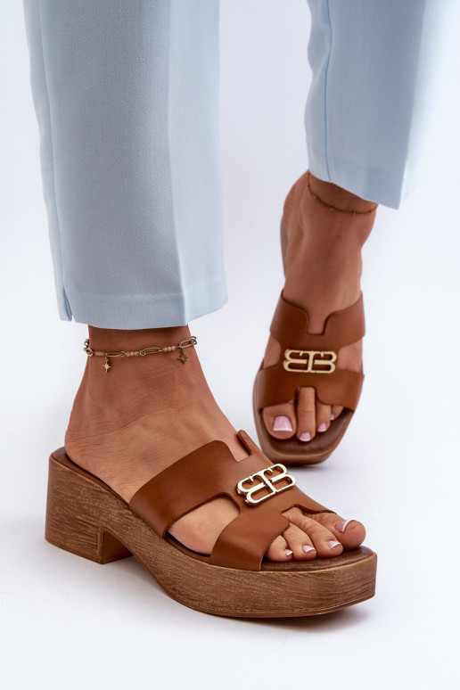 Zazoo 40412 Āda Eleganta stila sieviešu čības Ar zelta rotājumu brūnas krāsas Zazoo 40412 Āda Eleganta stila sieviešu čības Ar zelta rotājumu brūnas krāsas