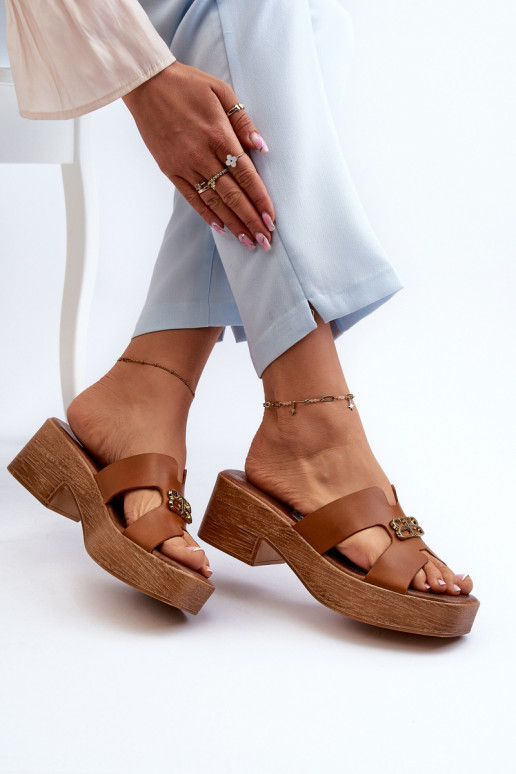 Zazoo 40412 Āda Eleganta stila sieviešu čības Ar zelta rotājumu brūnas krāsas Zazoo 40412 Āda Eleganta stila sieviešu čības Ar zelta rotājumu brūnas krāsas