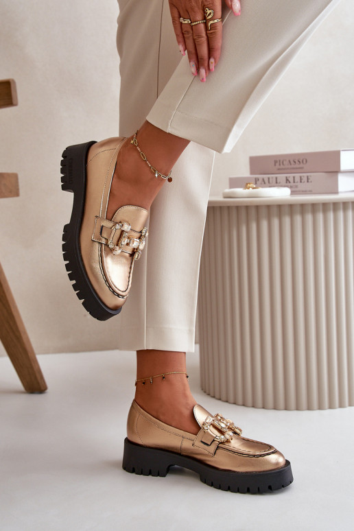 Sieviešu Āda Mokasīni ar ornamentiem CheBello 4369 Zelta krāsas