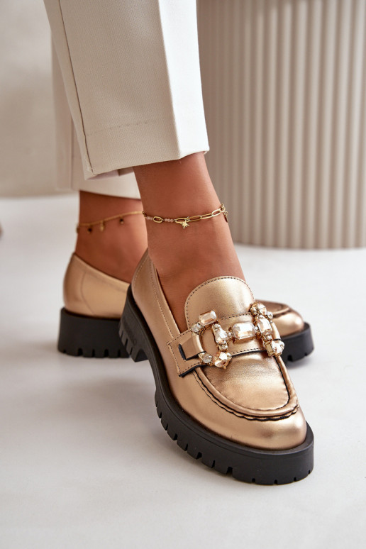 Sieviešu Āda Mokasīni ar ornamentiem CheBello 4369 Zelta krāsas