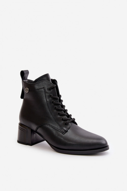 Šņorējami puszābaki Sieviešu ar papēdi Izgatavota no dabīgas ādas siltināti melnas krāsas Vinceza 91110