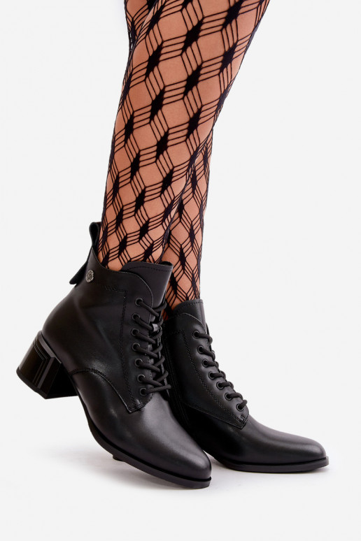 Šņorējami puszābaki Sieviešu ar papēdi Izgatavota no dabīgas ādas siltināti melnas krāsas Vinceza 91110