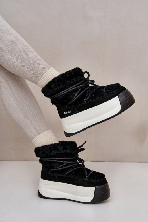 Āda sniega apavi Sieviešu Uz biezas zoles ar kažokādu Big Star OO274A206 melnas krāsas Āda sniega apavi Sieviešu Uz biezas zoles ar kažokādu Big Star OO274A206 melnas krāsas