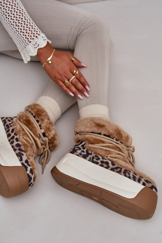 Āda sniega apavi Sieviešu Uz biezas zoles ar kažokādu ar leoparda kažokādas rakstu Big Star OO274A208 brūnas krāsas Āda sniega apavi Sieviešu Uz biezas zoles ar kažokādu ar leoparda kažokādas rakstu Big Star OO274A208 brūnas krāsas