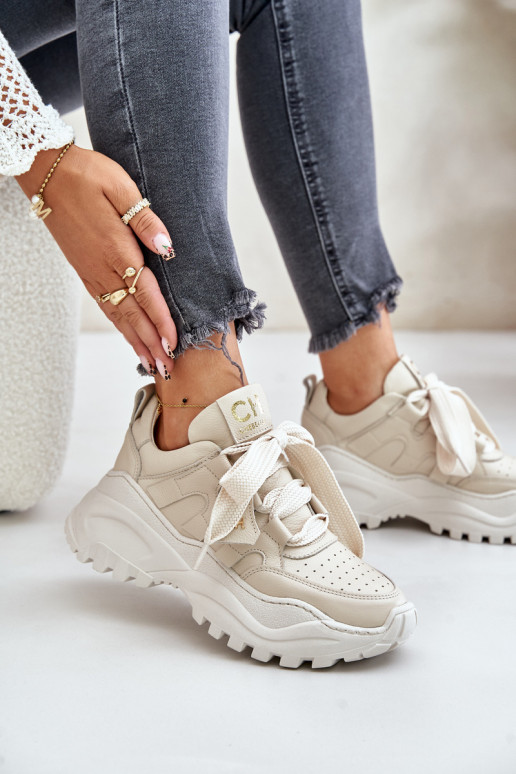 Sieviešu Āda Sneakers modeļa apavi smilšu krāsas CheBello 4583