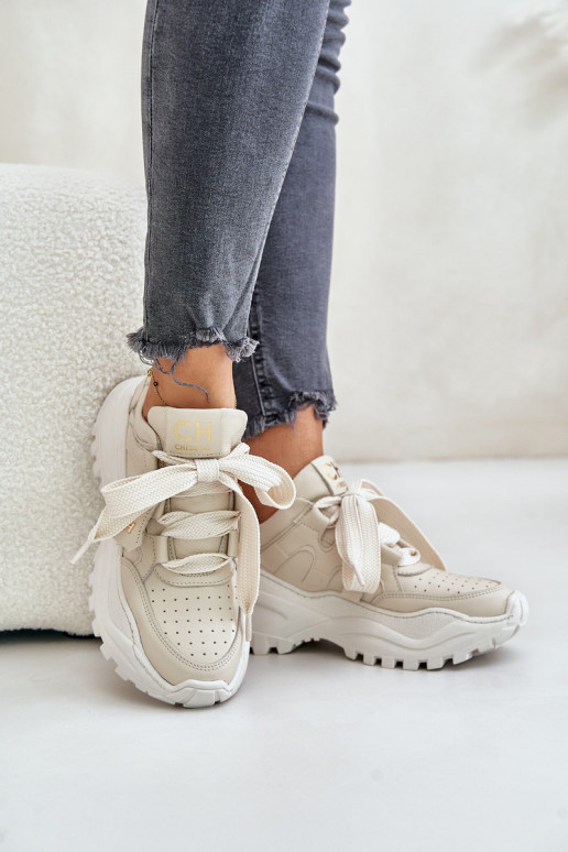 Sieviešu Āda Sneakers modeļa apavi smilšu krāsas CheBello 4583