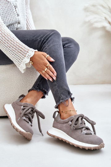 zamšādas Sneakers modeļa apavi SieviešuGrubym Šņorēšanam Artiker 54C1465 Pelēkas krāsas