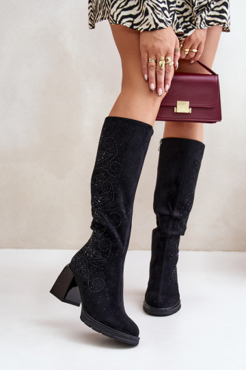 Dekorētas sieviešu garie zābaki Pirms ceļgala siltināti ar papēdi MR880-158 melnas krāsas 2