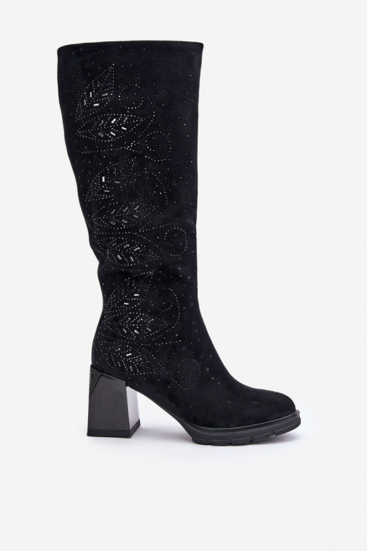 Dekorētas sieviešu garie zābaki Pirms ceļgala siltināti ar papēdi MR880-158 melnas krāsas Dekorētas sieviešu garie zābaki Pirms ceļgala siltināti ar papēdi MR880-158 melnas krāsas