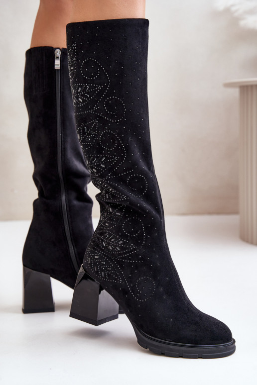 Dekorētas sieviešu garie zābaki Pirms ceļgala siltināti ar papēdi MR880-158 melnas krāsas Dekorētas sieviešu garie zābaki Pirms ceļgala siltināti ar papēdi MR880-158 melnas krāsas