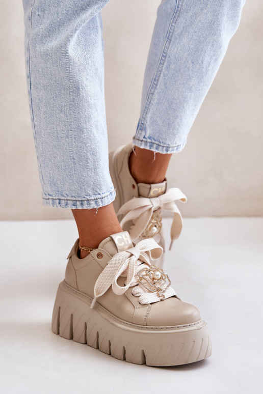 Sneakers modeļa apavi Sieviešu Uz masīvas zoles Ar zelta rotājumu CheBello 4530 smilšu krāsas Sneakers modeļa apavi Sieviešu Uz masīvas zoles Ar zelta rotājumu CheBello 4530 smilšu krāsas