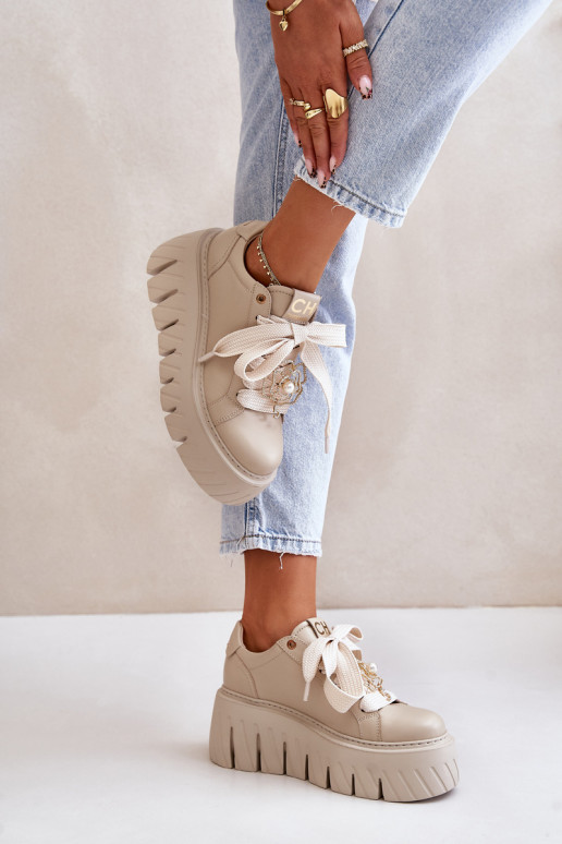 Sneakers modeļa apavi Sieviešu Uz masīvas zoles Ar zelta rotājumu CheBello 4530 smilšu krāsas Sneakers modeļa apavi Sieviešu Uz masīvas zoles Ar zelta rotājumu CheBello 4530 smilšu krāsas