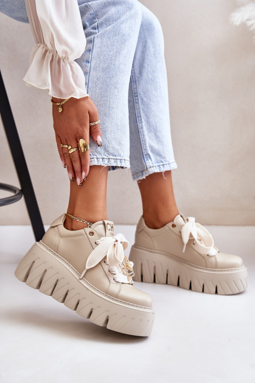 Sneakers modeļa apavi Sieviešu Uz masīvas zoles Ar zelta rotājumu CheBello 4530 smilšu krāsas Sneakers modeļa apavi Sieviešu Uz masīvas zoles Ar zelta rotājumu CheBello 4530 smilšu krāsas