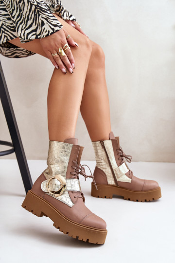 Zazoo 2942 Āda zābaki Ar zelta sprādzi smilšu krāsas