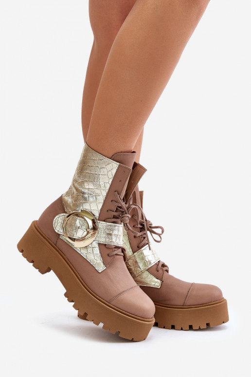 Zazoo 2942 Āda zābaki Ar zelta sprādzi smilšu krāsas