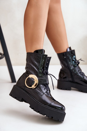 Zazoo 2942 Āda zābaki Ar zelta sprādzi melnas krāsas