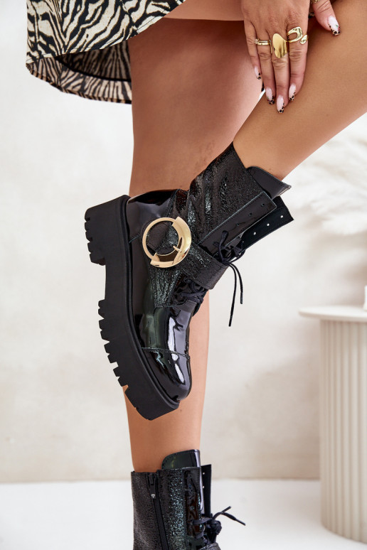 Zazoo 2942 Āda zābaki Ar zelta sprādzi melnas krāsas Zazoo 2942 Āda zābaki Ar zelta sprādzi melnas krāsas