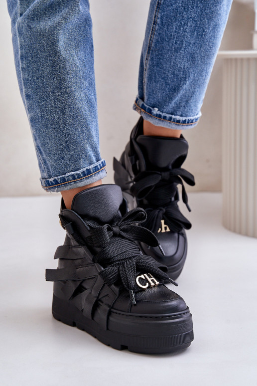 Āda Sneakers modeļa apavi Sieviešu ar platformu CheBello 4561 melnas krāsas Āda Sneakers modeļa apavi Sieviešu ar platformu CheBello 4561 melnas krāsas