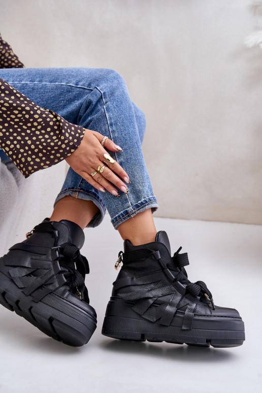 Āda Sneakers modeļa apavi Sieviešu ar platformu CheBello 4561 melnas krāsas Āda Sneakers modeļa apavi Sieviešu ar platformu CheBello 4561 melnas krāsas