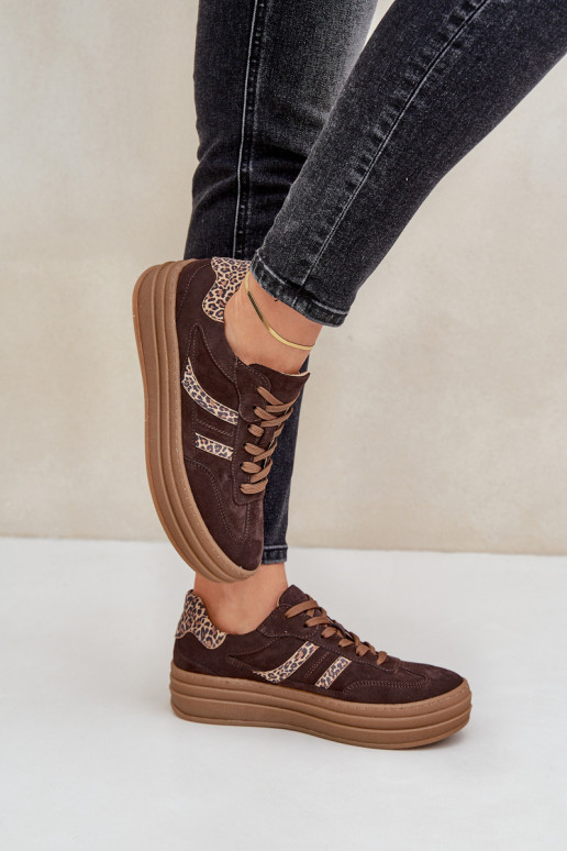 Zazoo N1176 zamšādas Sneakers modeļa apavi ar platformu ar leoparda kažokādas rakstu CzekoladoIne