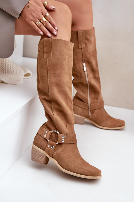 zamšādas garie zābaki Uz Zema Papēža ar stulmu Pirms ceļgala Zazoo 3444/O brūnas krāsas zamšādas garie zābaki Uz Zema Papēža ar stulmu Pirms ceļgala Zazoo 3444/O brūnas krāsas