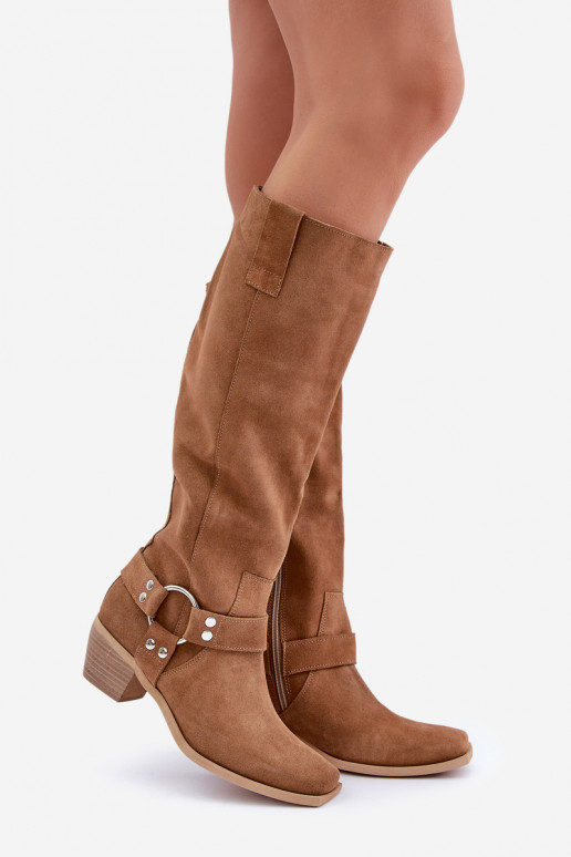 zamšādas garie zābaki Uz Zema Papēža ar stulmu Pirms ceļgala Zazoo 3444/O brūnas krāsas zamšādas garie zābaki Uz Zema Papēža ar stulmu Pirms ceļgala Zazoo 3444/O brūnas krāsas