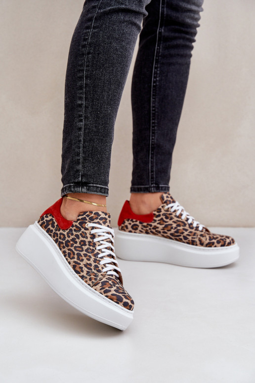 Āda Sneakers modeļa apavi ar platformu ar leoparda kažokādas rakstu Zazoo 3346 brūnas krāsas-sarkanas krāsas Āda Sneakers modeļa apavi ar platformu ar leoparda kažokādas rakstu Zazoo 3346 brūnas krāsas-sarkanas krāsas
