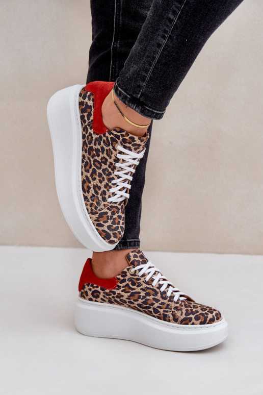 Āda Sneakers modeļa apavi ar platformu ar leoparda kažokādas rakstu Zazoo 3346 brūnas krāsas-sarkanas krāsas Āda Sneakers modeļa apavi ar platformu ar leoparda kažokādas rakstu Zazoo 3346 brūnas krāsas-sarkanas krāsas