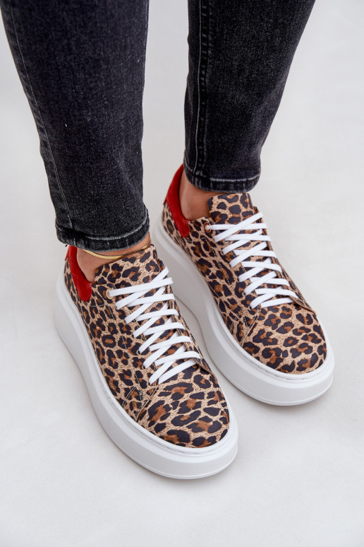 Āda Sneakers modeļa apavi ar platformu ar leoparda kažokādas rakstu Zazoo 3346 brūnas krāsas-sarkanas krāsas Āda Sneakers modeļa apavi ar platformu ar leoparda kažokādas rakstu Zazoo 3346 brūnas krāsas-sarkanas krāsas