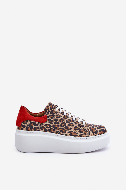 Āda Sneakers modeļa apavi ar platformu ar leoparda kažokādas rakstu Zazoo 3346 brūnas krāsas-sarkanas krāsas Āda Sneakers modeļa apavi ar platformu ar leoparda kažokādas rakstu Zazoo 3346 brūnas krāsas-sarkanas krāsas