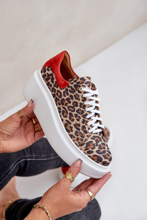 Āda Sneakers modeļa apavi ar platformu ar leoparda kažokādas rakstu Zazoo 3346 brūnas krāsas-sarkanas krāsas Āda Sneakers modeļa apavi ar platformu ar leoparda kažokādas rakstu Zazoo 3346 brūnas krāsas-sarkanas krāsas