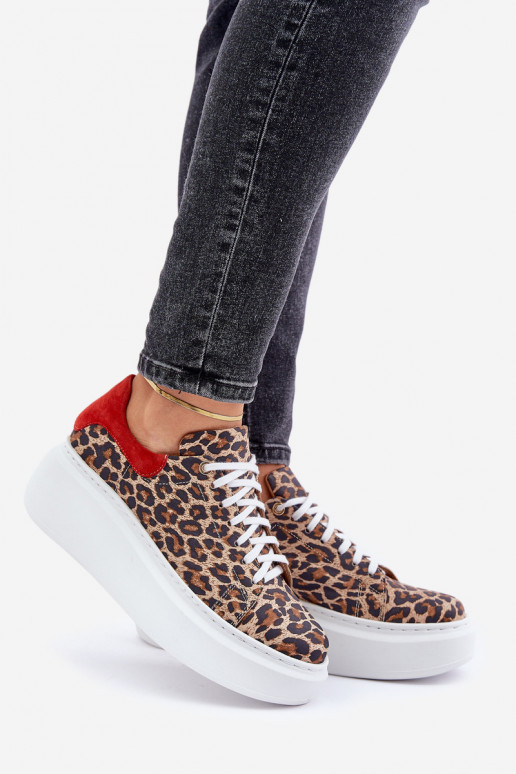 Āda Sneakers modeļa apavi ar platformu ar leoparda kažokādas rakstu Zazoo 3346 brūnas krāsas-sarkanas krāsas Āda Sneakers modeļa apavi ar platformu ar leoparda kažokādas rakstu Zazoo 3346 brūnas krāsas-sarkanas krāsas