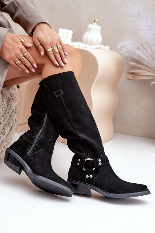 zamšādas garie zābaki Kovboju zābaki Uz Zema Papēža ar ornamentiem Zazoo 3656 melnas krāsas